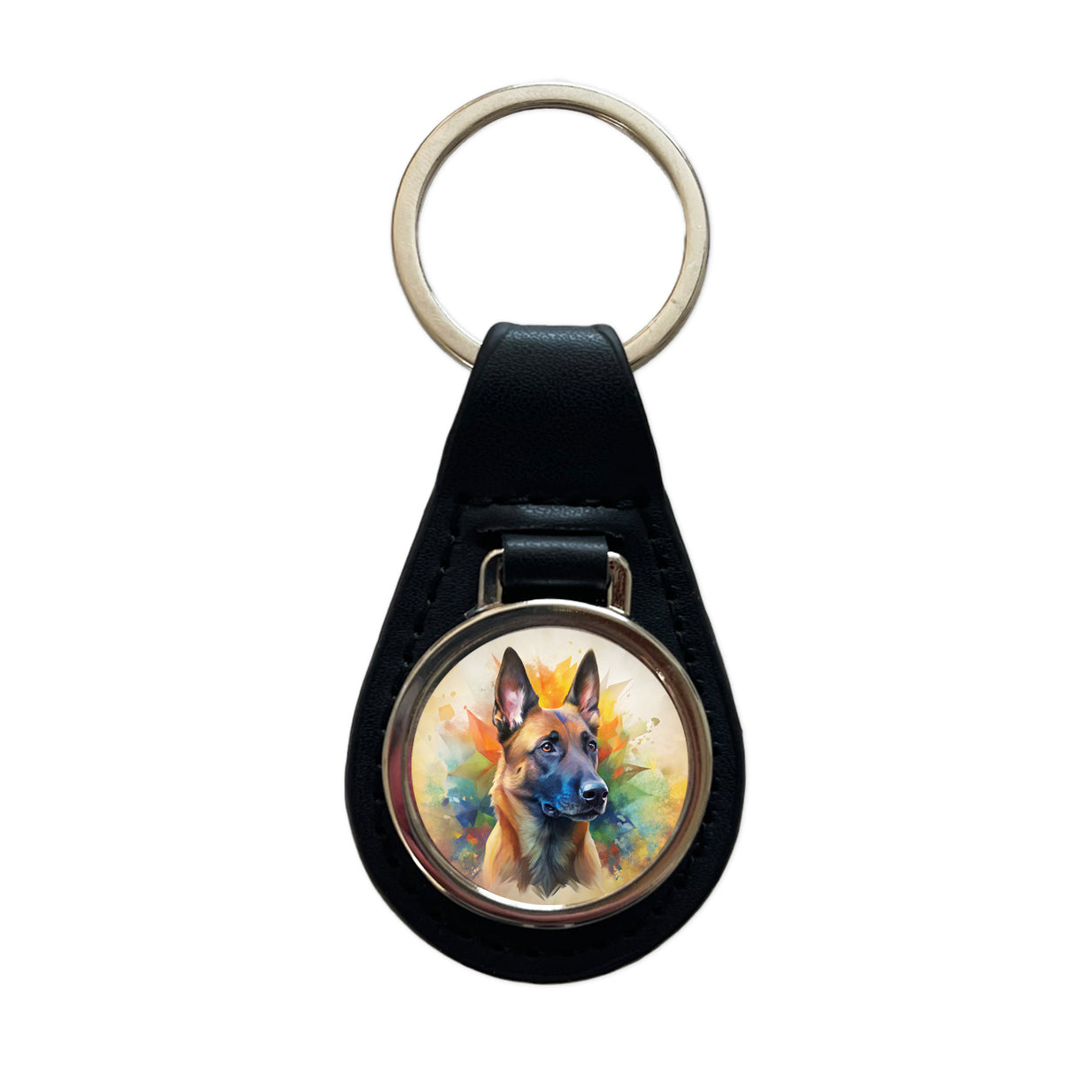 Belgian Malinois Dog Abstract Art Black Leather Metal Keychain