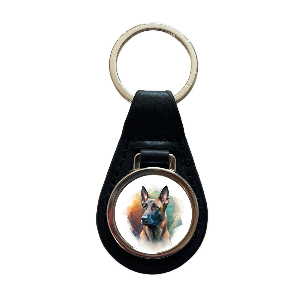 Belgian Malinois Dog Contemporary Art Black Leather Metal Keychain