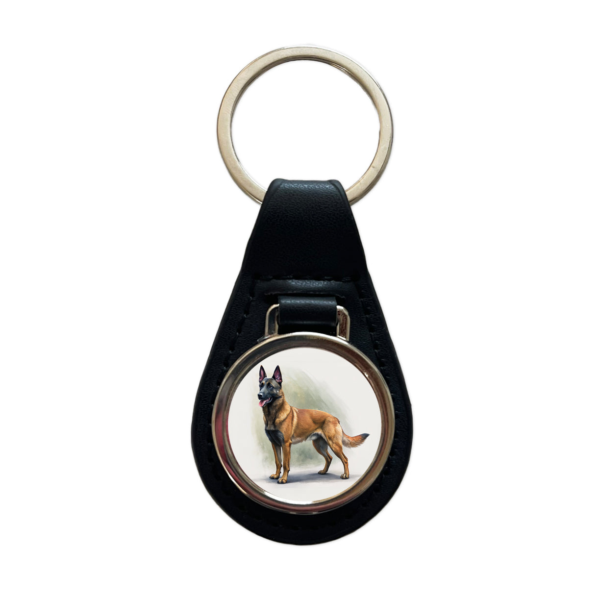 Belgian Malinois Dog Illustration Black Leather Metal Keychain