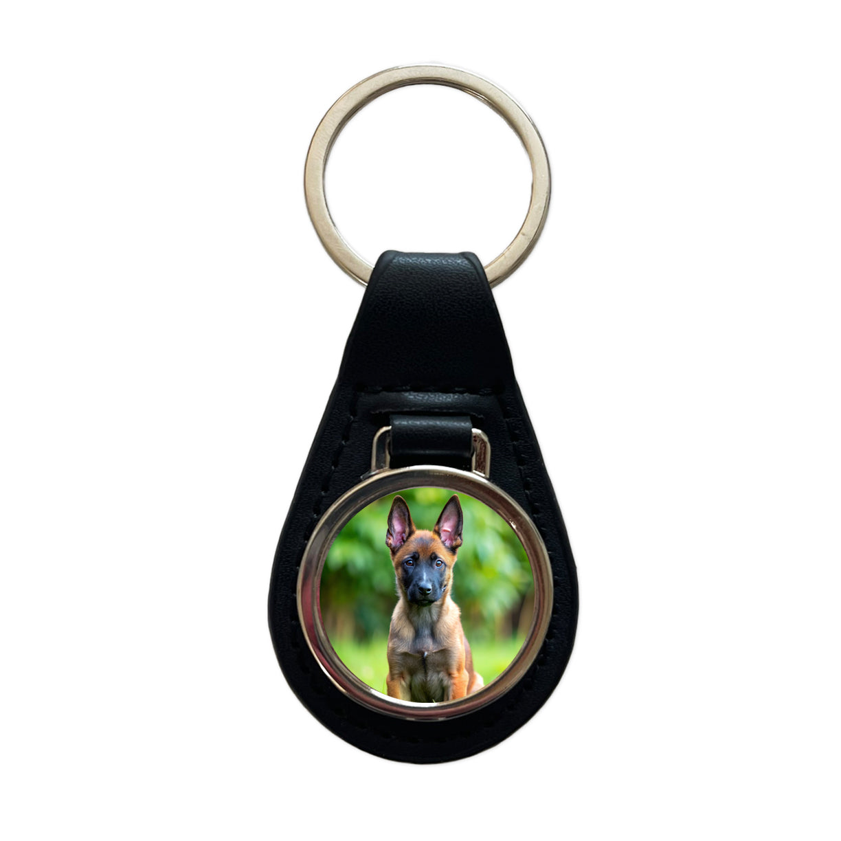 Belgian Malinois Dog Puppy Photo Black Leather Metal Keychain