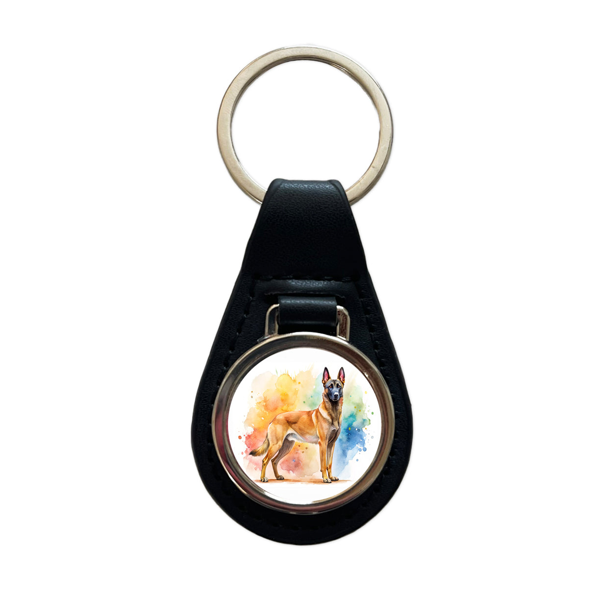 Belgian Malinois Dog Watercolor Style Black Leather Metal Keychain