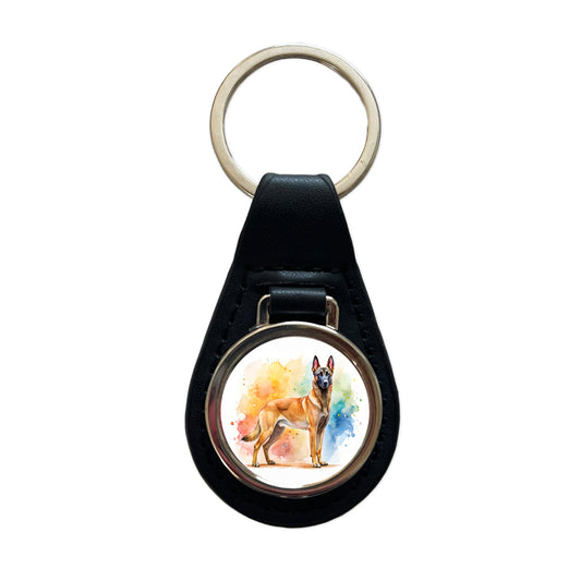 Belgian Malinois Dog Watercolor Style Black Leather Metal Keychain