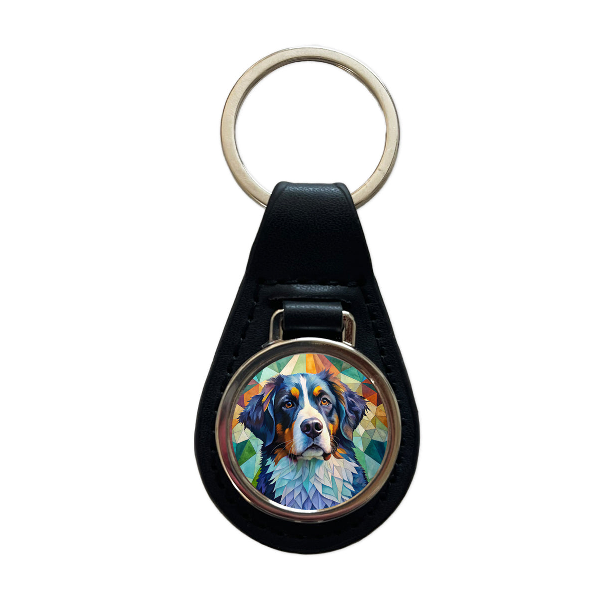 Bernese Mountain Dog Abstract Art Black Leather Metal Keychain
