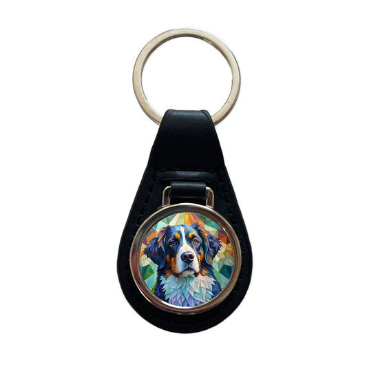 Bernese Mountain Dog Abstract Art Black Leather Metal Keychain