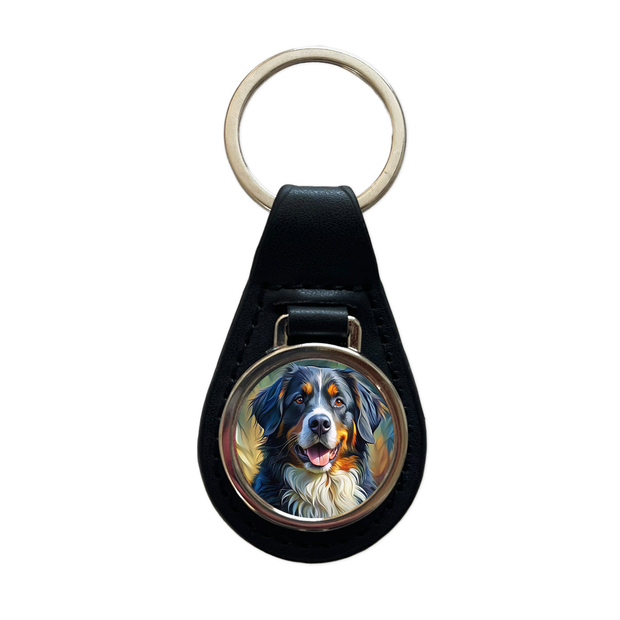 Bernese Mountain Dog Expressionism Art Black Leather Metal Keychain