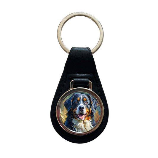 Bernese Mountain Dog Expressionism Art Black Leather Metal Keychain