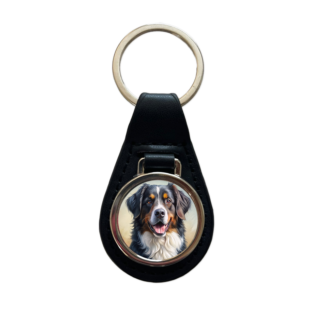 Bernese Mountain Dog Illustration Black Leather Metal Keychain