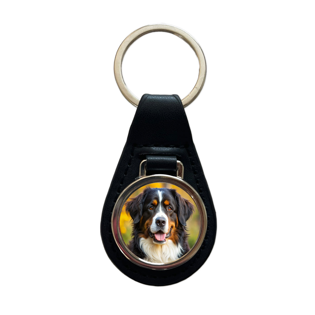 Bernese Mountain Dog Photo Black Leather Metal Keychain