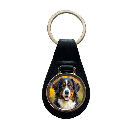 Bernese Mountain Dog Photo Black Leather Metal Keychain