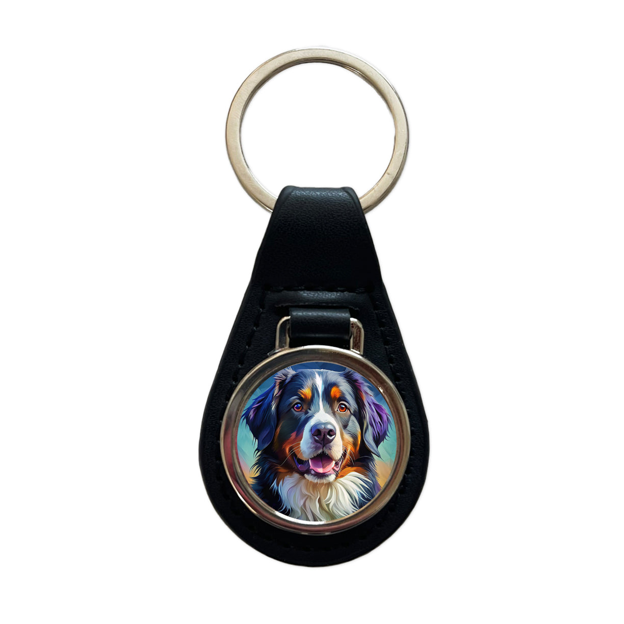 Bernese Mountain Dog Pop Art Black Leather Metal Keychain