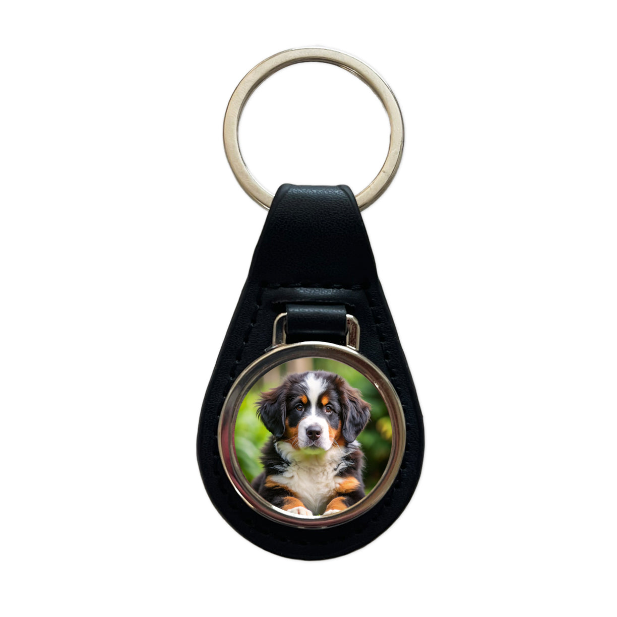 Bernese Mountain Dog Puppy Photo Black Leather Metal Keychain