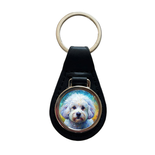 Bichon Frise Dog Abstract Art Black Leather Metal Keychain