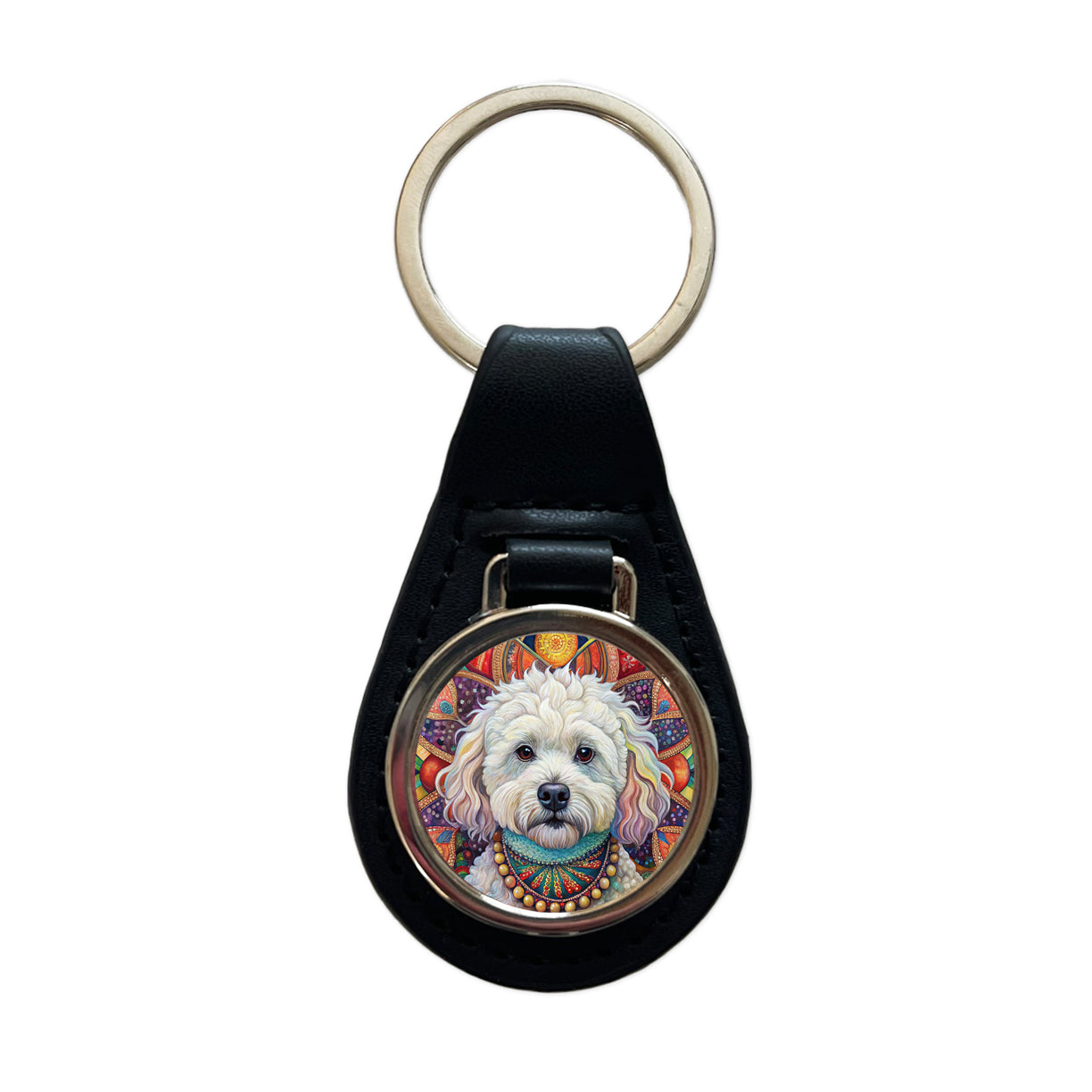 Bichon Frise Dog Bohemian Art Black Leather Metal Keychain