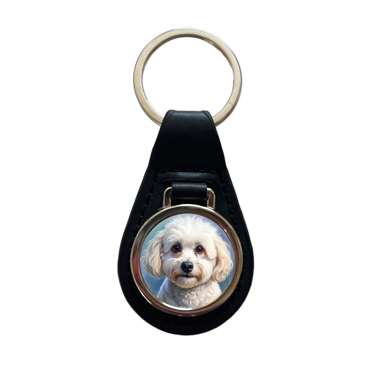 Bichon Frise Dog Illustration Black Leather Metal Keychain