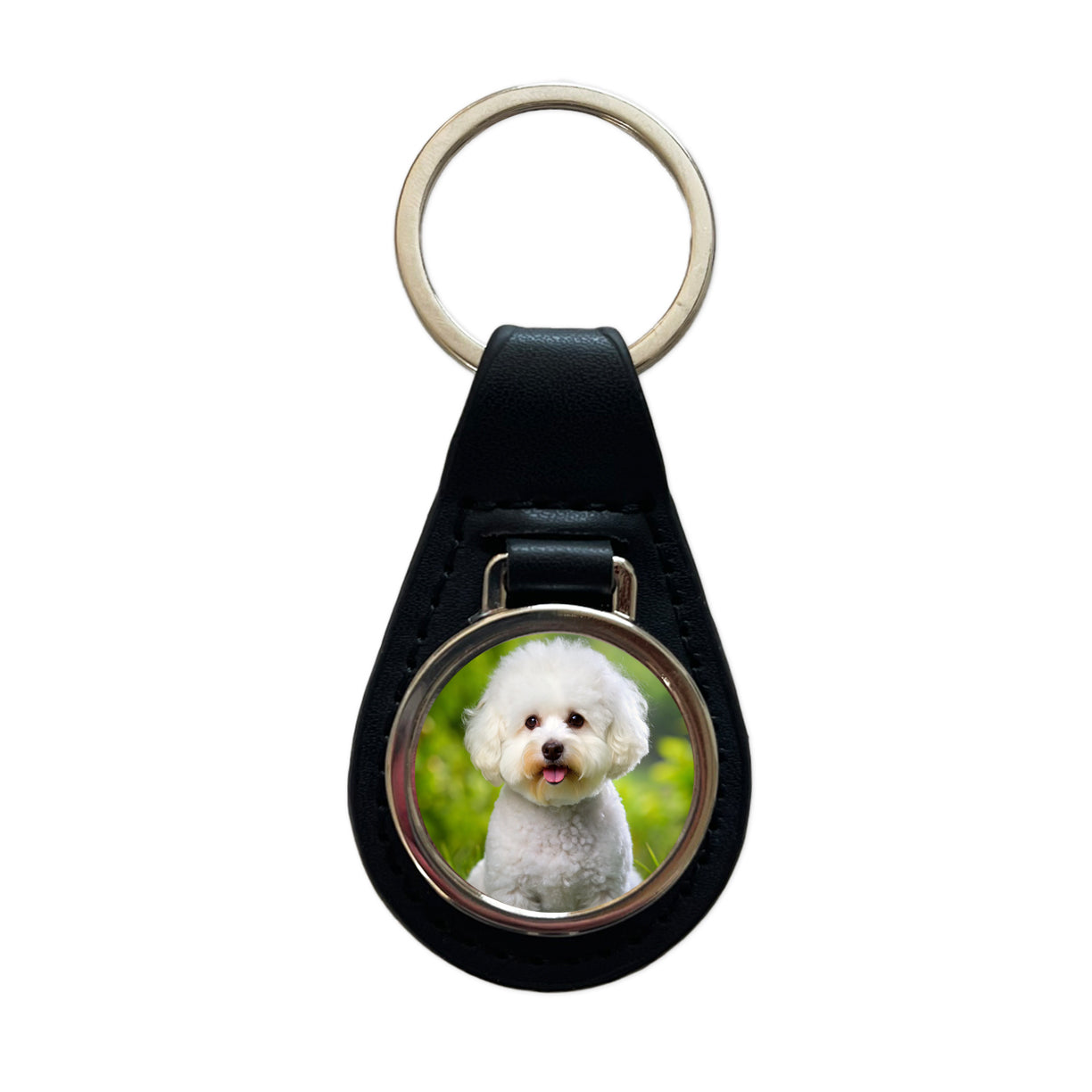 Bichon Frise Dog Photo Black Leather Metal Keychain