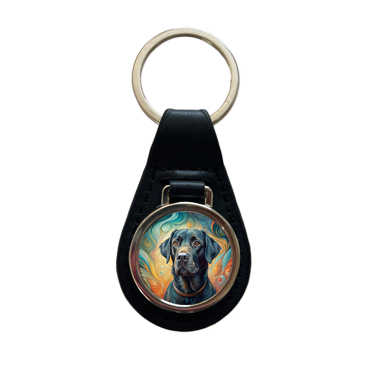 Black Labrador Retriever Dog Abstract Art Black Leather Metal Keychain