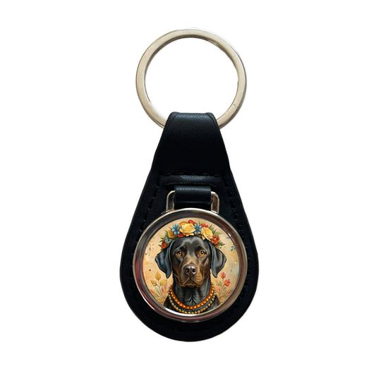 Black Labrador Retriever Dog French Bohemian Art Black Leather Metal Keychain