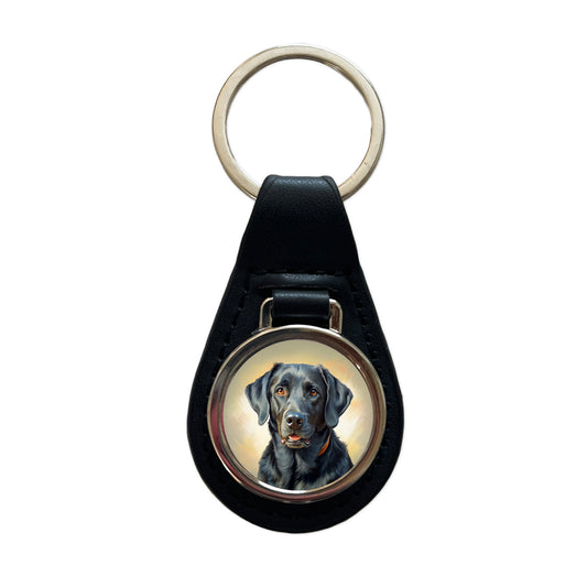Black Labrador Retriever Dog Illustration Black Leather Metal Keychain