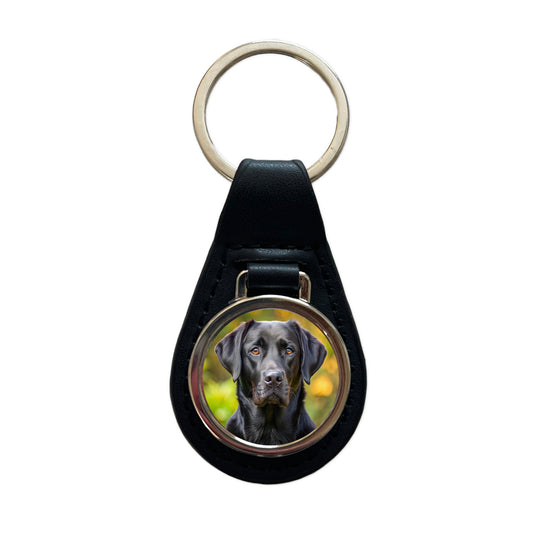 Black Labrador Retriever Dog Photo Black Leather Metal Keychain