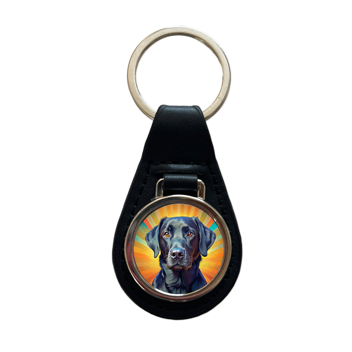 Black Labrador Retriever Dog Pop Art Black Leather Metal Keychain