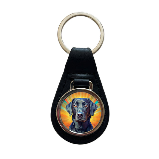 Black Labrador Retriever Dog Pop Art Black Leather Metal Keychain