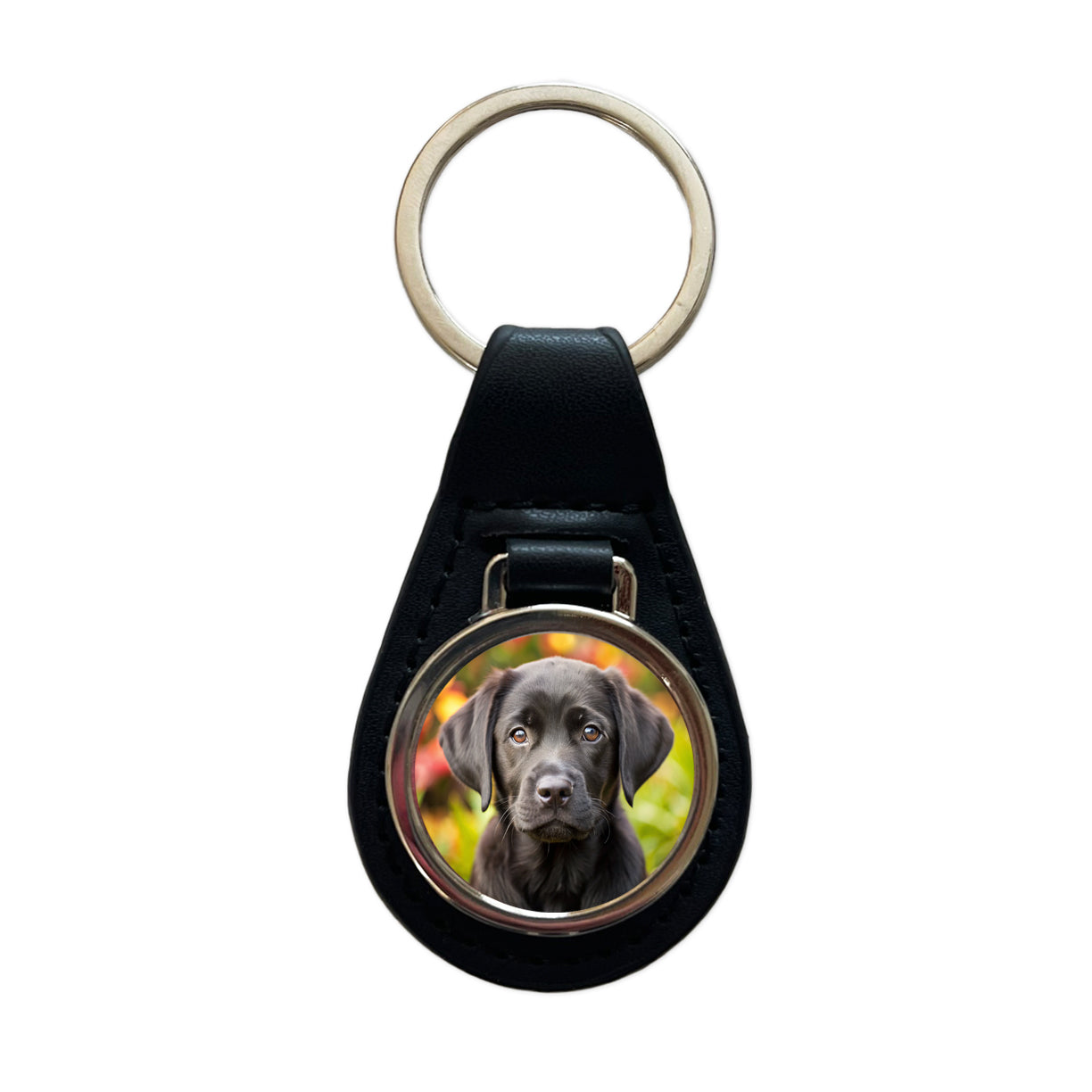 Black Labrador Retriever Dog Puppy Photo Black Leather Metal Keychain