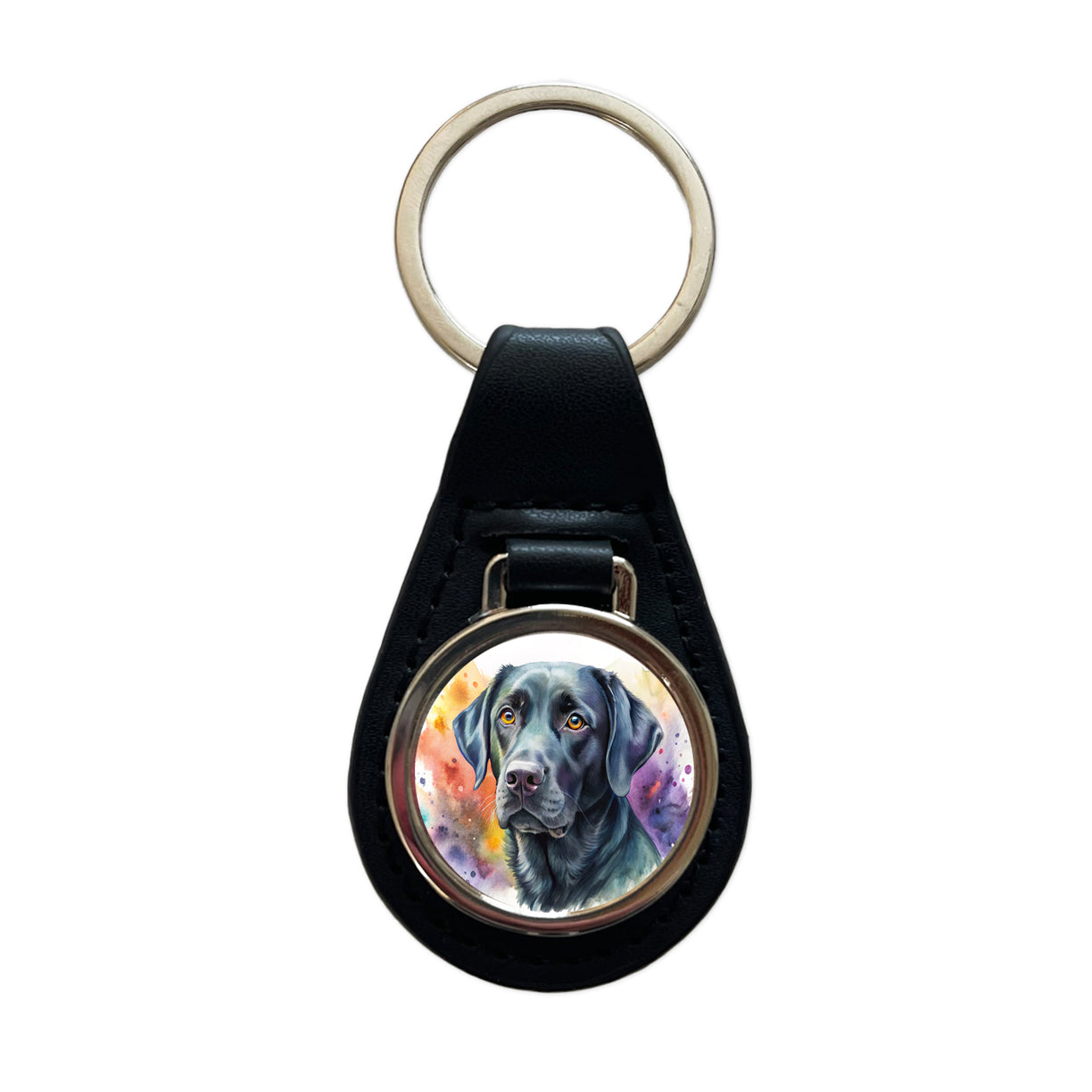 Black Labrador Retriever Dog Watercolor Style Black Leather Metal Keychain