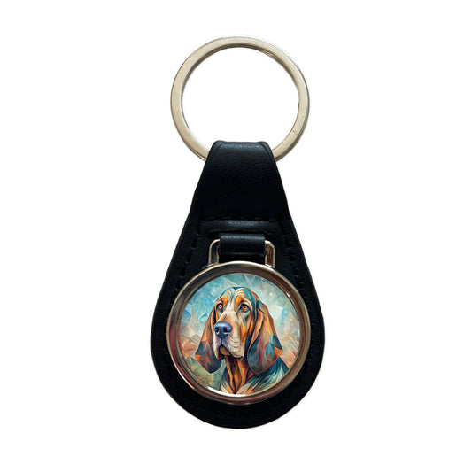 Bloodhound Dog Contemporary Art Black Leather Metal Keychain