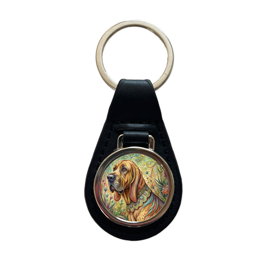 Bloodhound Dog French Bohemian Art Black Leather Metal Keychain