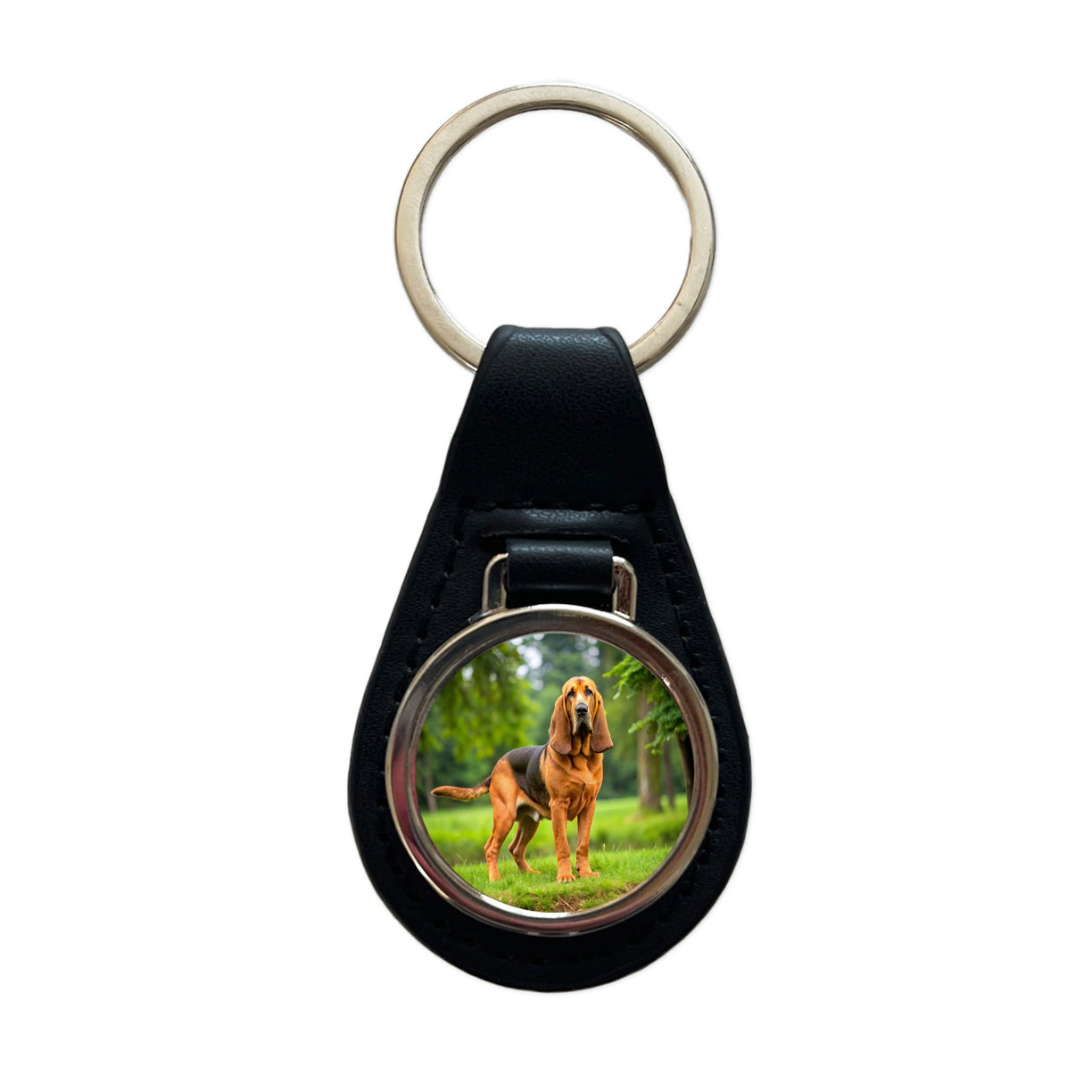 Bloodhound Dog Photo Black Leather Metal Keychain
