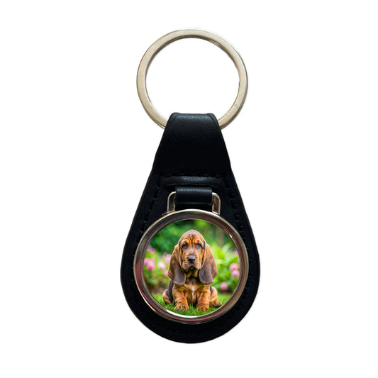 Bloodhound Dog Puppy Photo Black Leather Metal Keychain