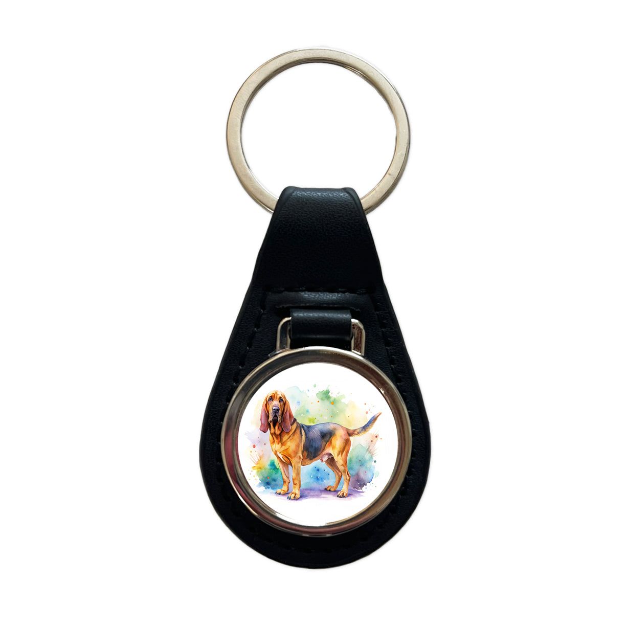 Bloodhound Dog Watercolor Style Black Leather Metal Keychain