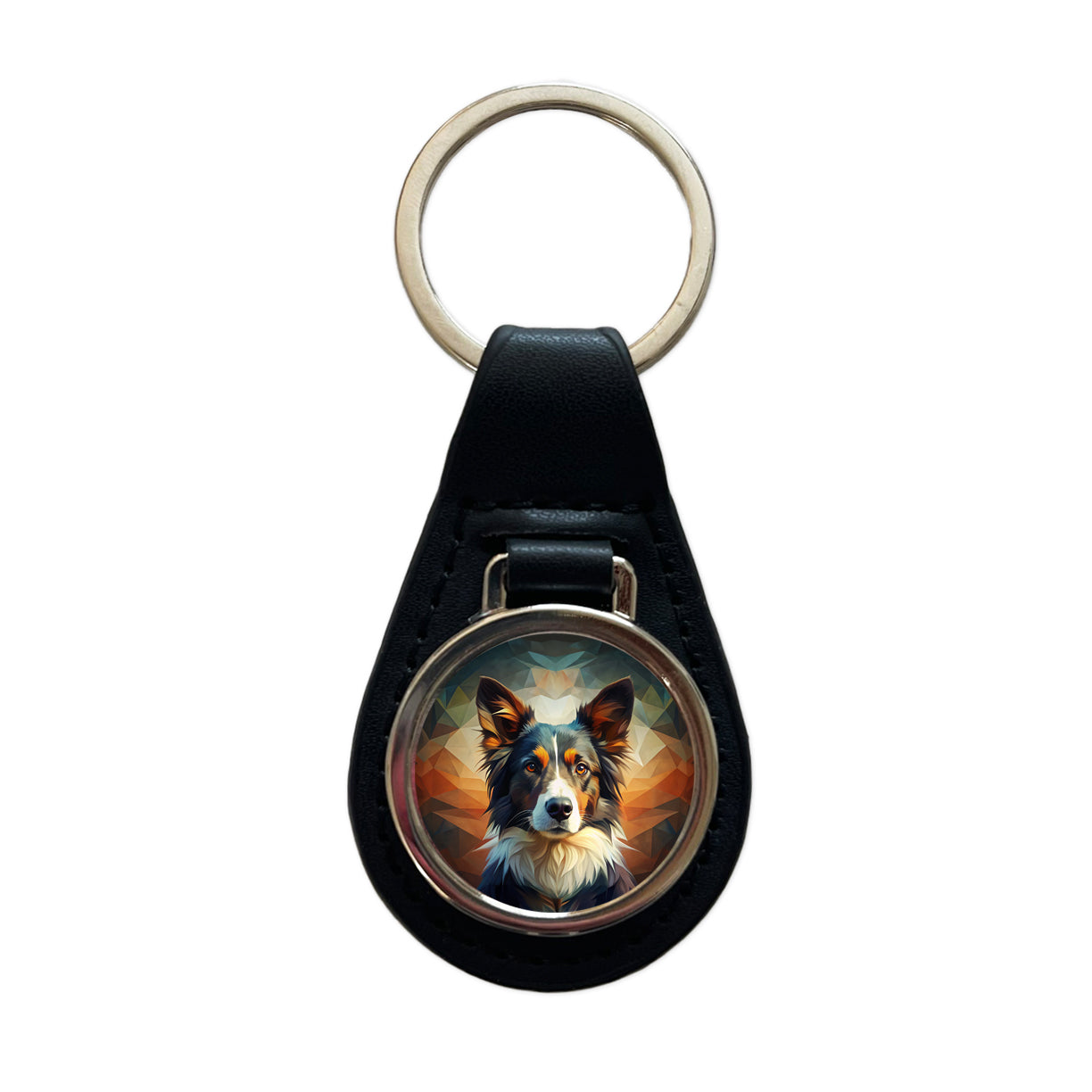 Border Collie Dog Abstract Stylized Art Black Leather Metal Keychain