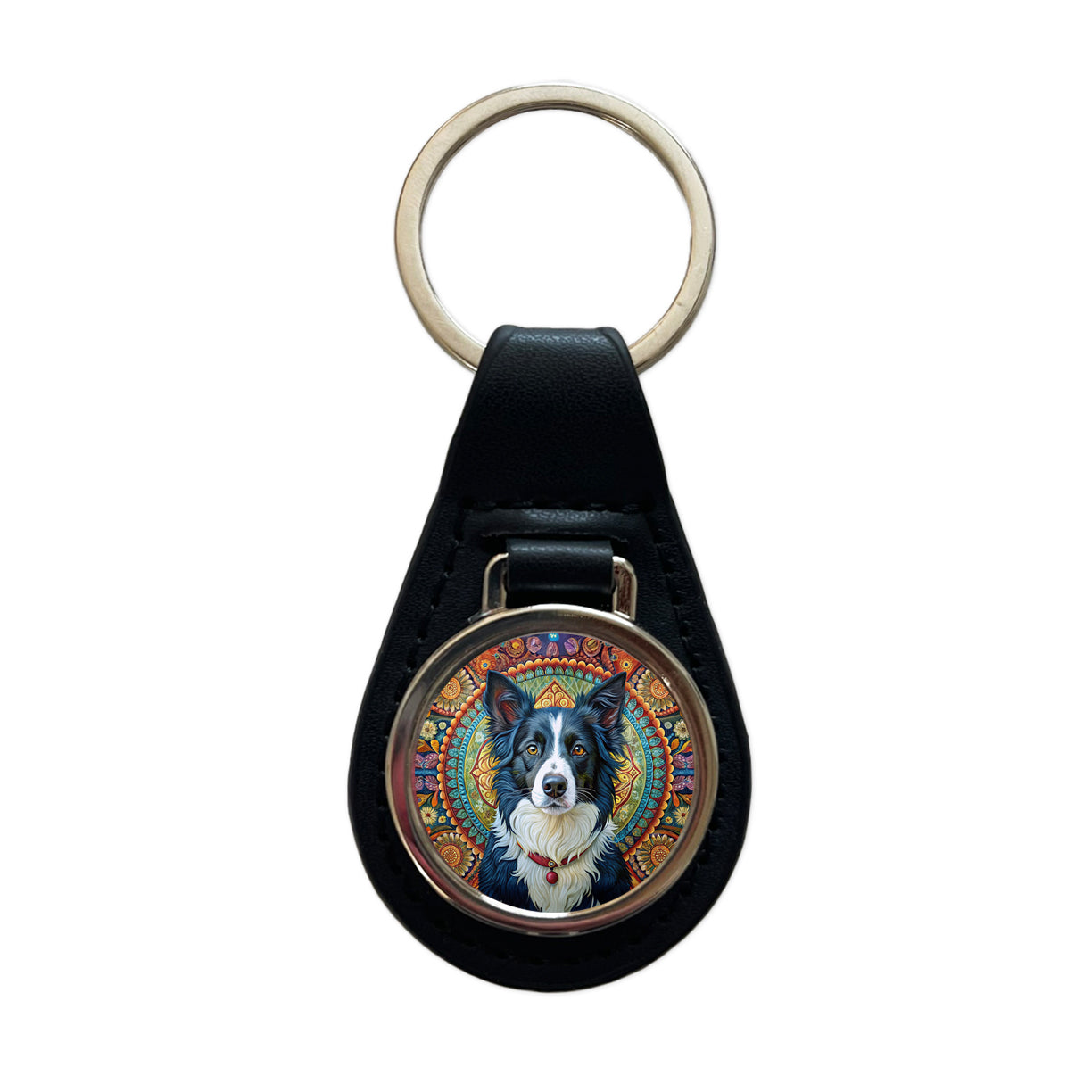 Border Collie Dog Bohemian Art Black Leather Metal Keychain