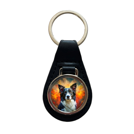 Border Collie Dog Expressionism Art Black Leather Metal Keychain