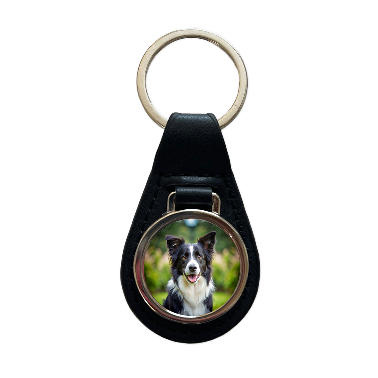 Border Collie Dog Photo Black Leather Metal Keychain