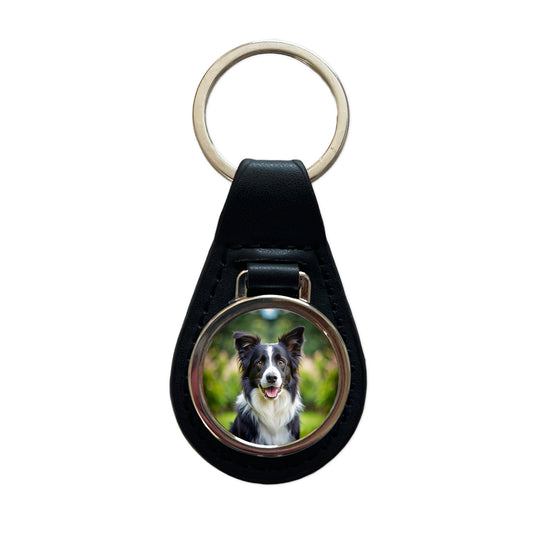 Border Collie Dog Photo Black Leather Metal Keychain