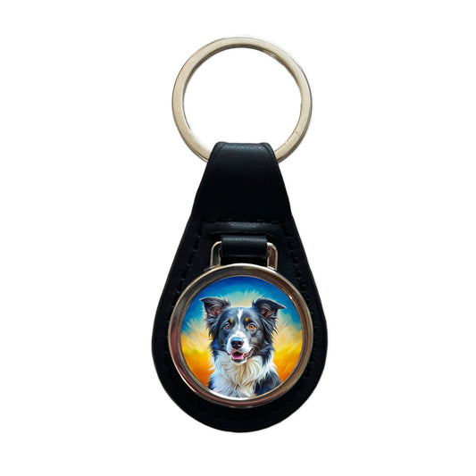 Border Collie Dog Pop Art Black Leather Metal Keychain