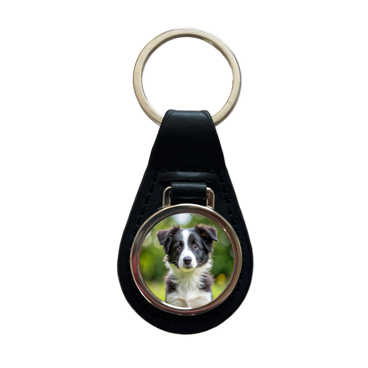 Border Collie Dog Puppy Photo Black Leather Metal Keychain