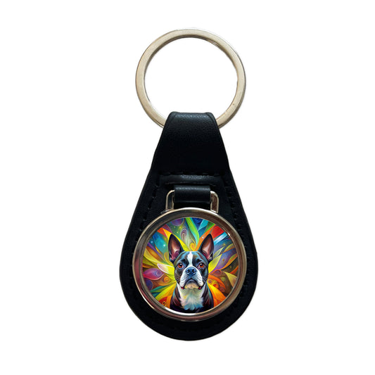 Boston Terrier Dog Abstract Art Black Leather Metal Keychain