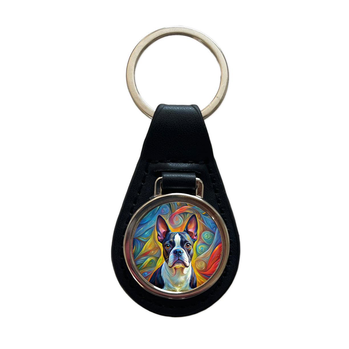 Boston Terrier Dog Expressionism Art Black Leather Metal Keychain