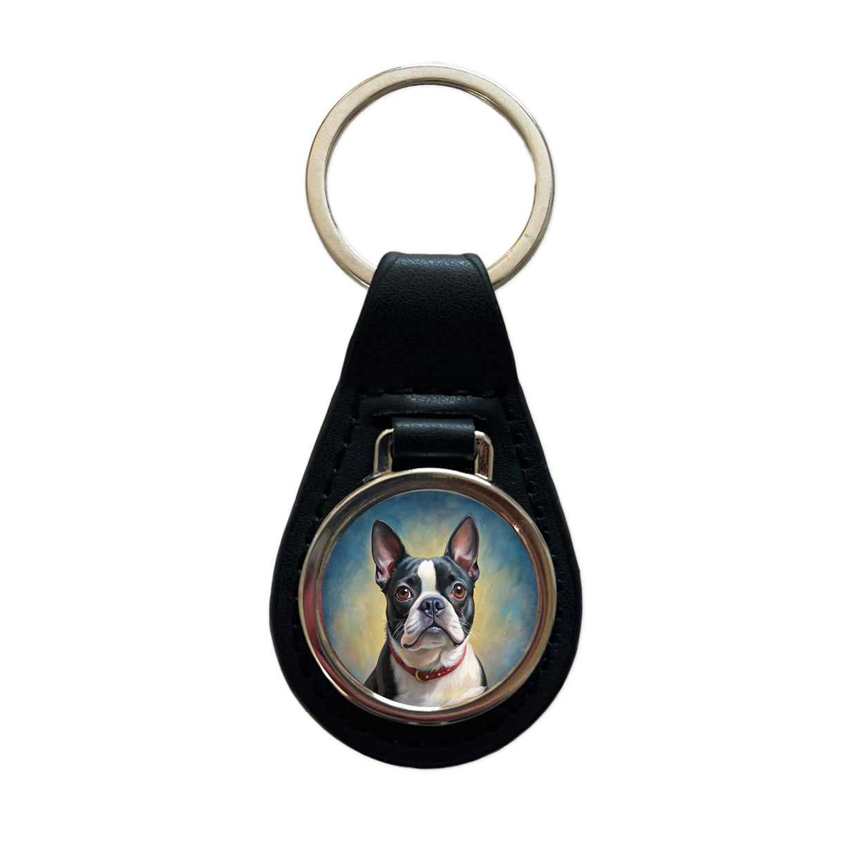 Boston Terrier Dog Illustration Black Leather Metal Keychain