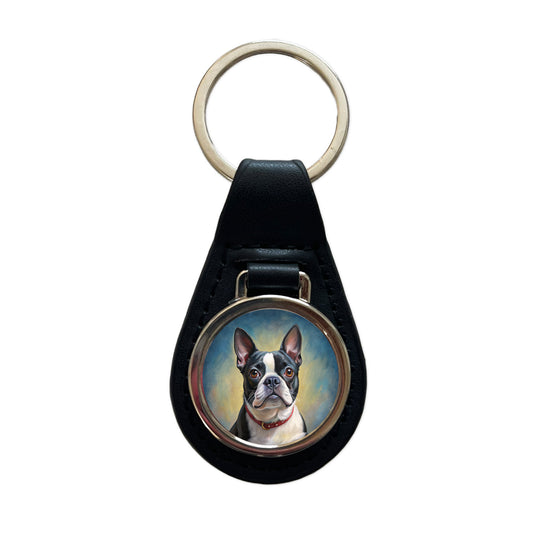 Boston Terrier Dog Illustration Black Leather Metal Keychain