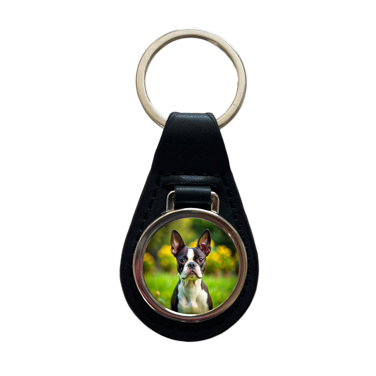 Boston Terrier Dog Photo Black Leather Metal Keychain