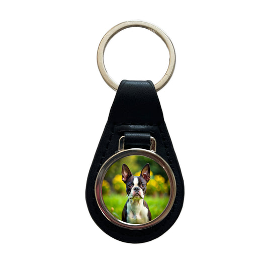 Boston Terrier Dog Photo Black Leather Metal Keychain