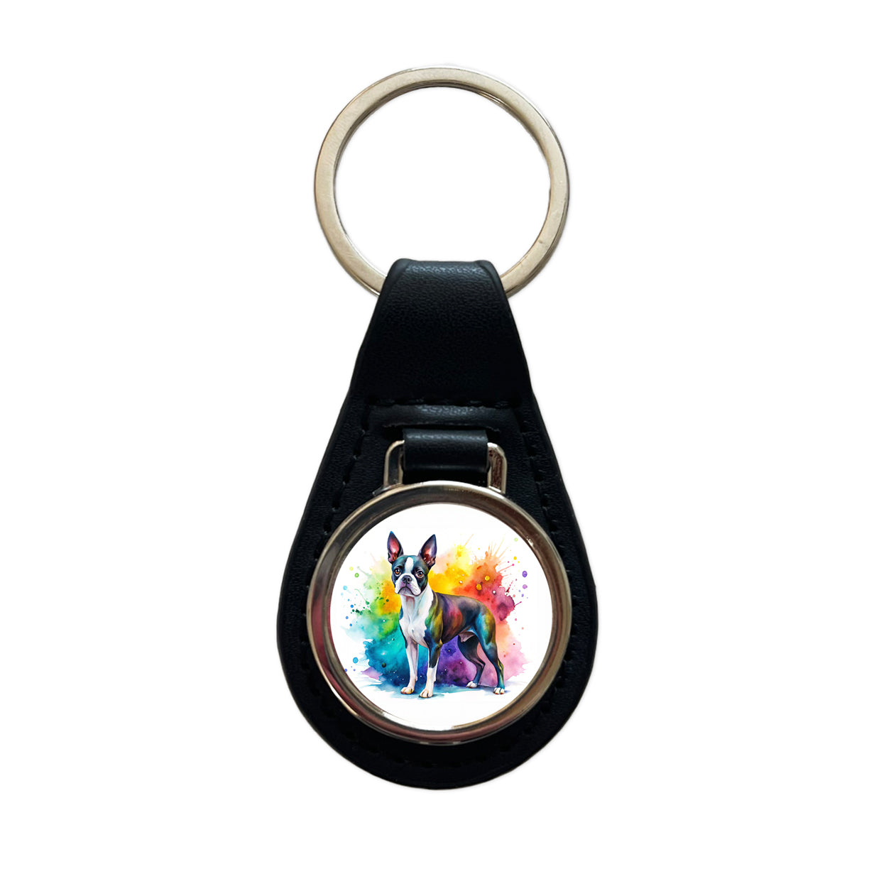 Boston Terrier Dog Watercolor Style Black Leather Metal Keychain