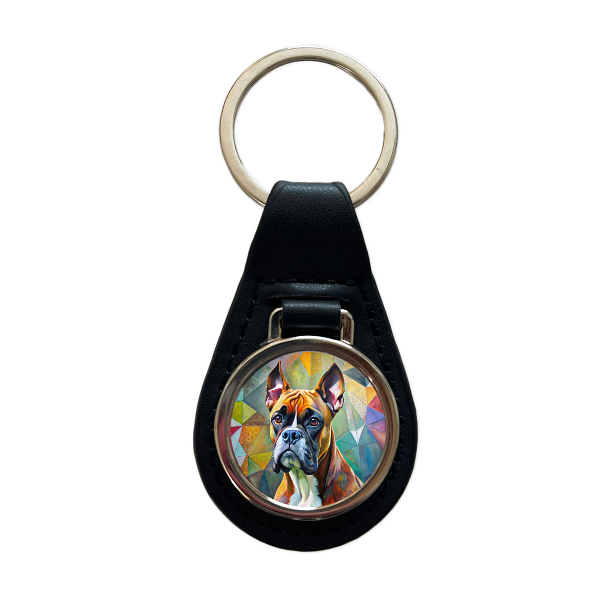 Boxer Dog Abstract Art Black Leather Metal Keychain