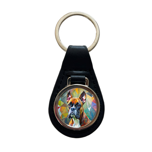 Boxer Dog Abstract Art Black Leather Metal Keychain