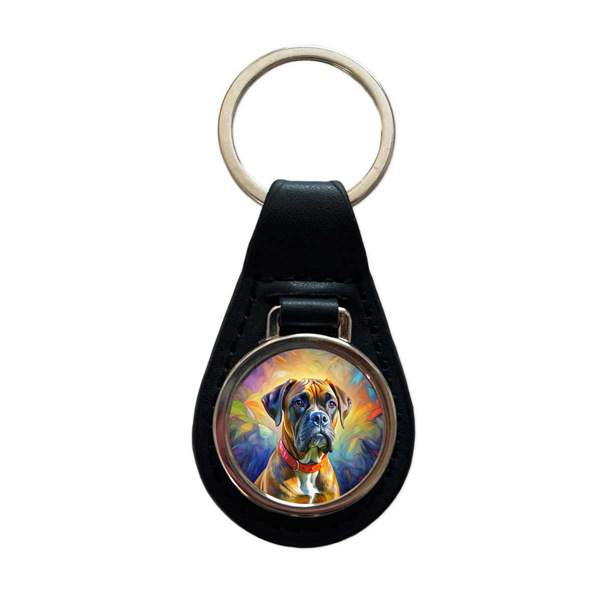 Boxer Dog Expressionism Art Black Leather Metal Keychain