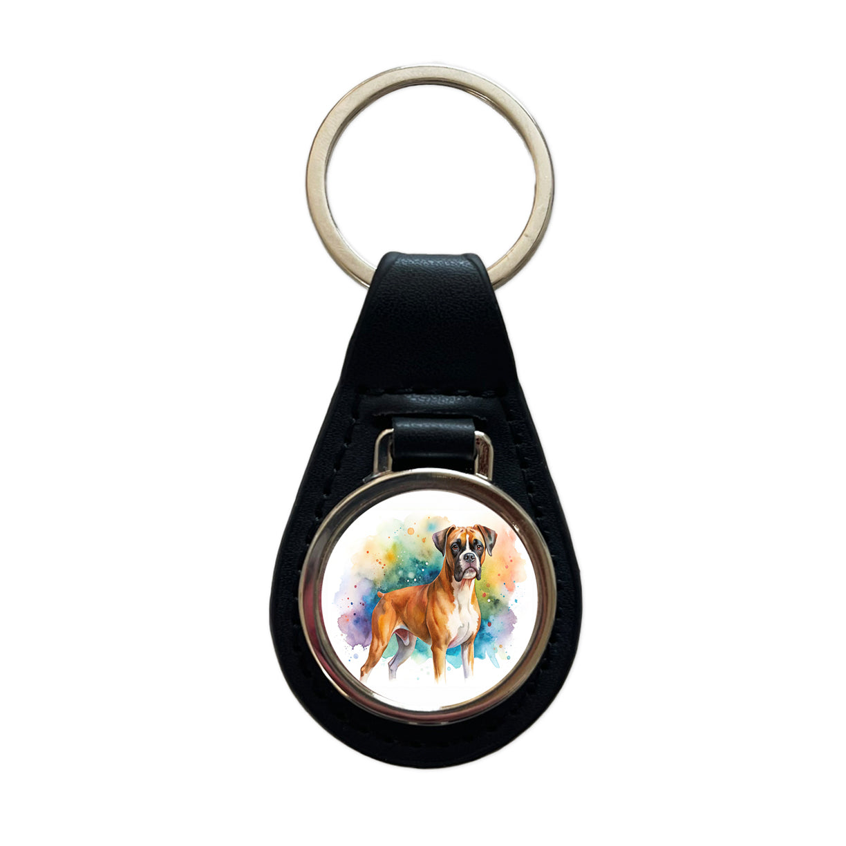 Boxer Dog Watercolor Style Black Leather Metal Keychain